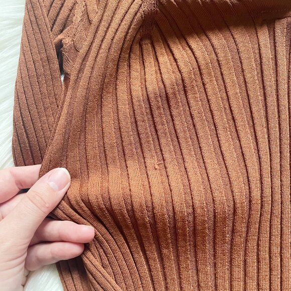 Totême Brown Orange Tobacco Arradon Rib Knit V-Neck Collar Long Sleeve Top - Picture 5 of 9